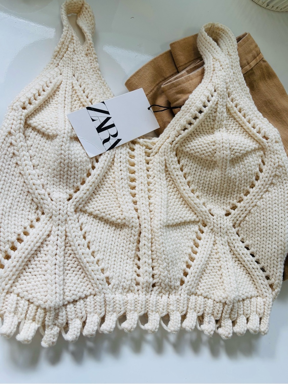 NWT Zara Chunky Crochet 100% Cotton Cream Tank Top Sweater